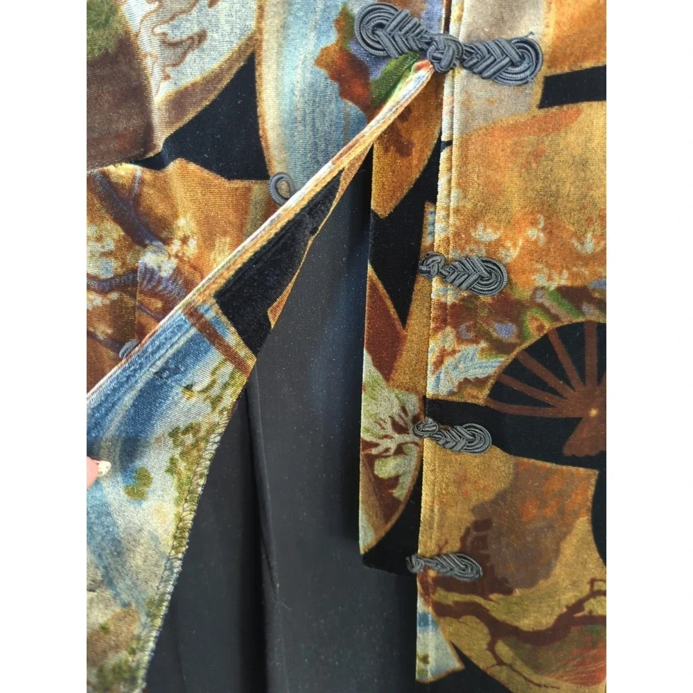 Vtg Clio L Velvet Burnout Kimono Jacket Japanese Fan Boho Hi Slit Frog Closure